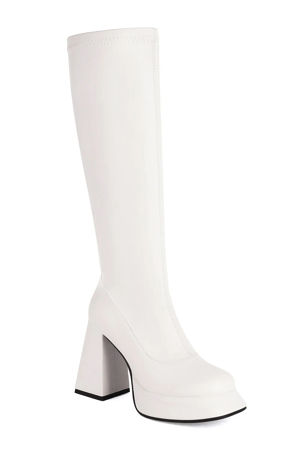 Sleek Black High Heel Knee High Boots with Chunky Block Heel and Side Zipper