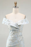 Light Blue Sheath Off The Shoulder Floral Jacquard Formal Dress