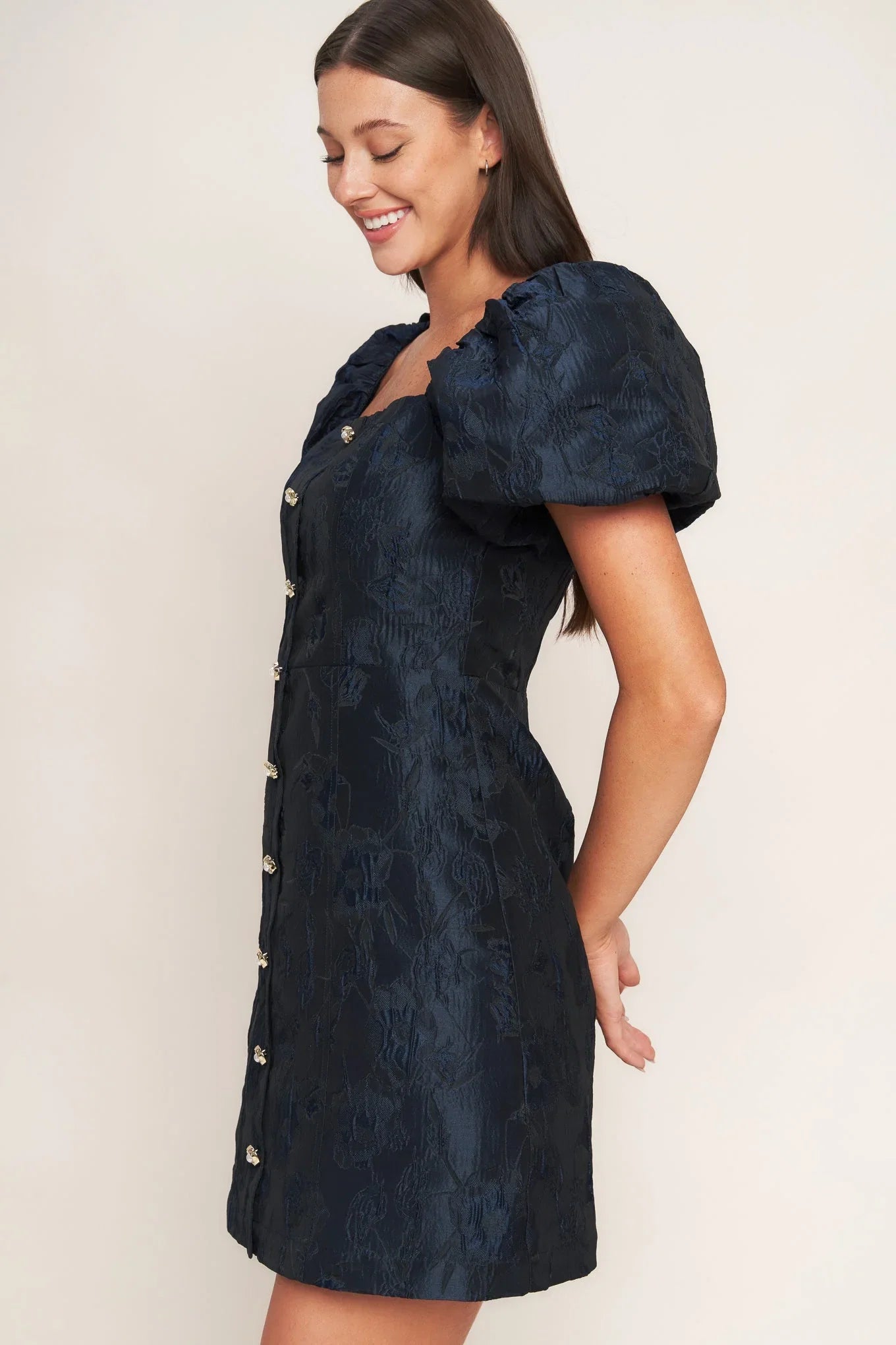 GOLDEN MOON NAVY PUFF SLEEVE MINI DRESS