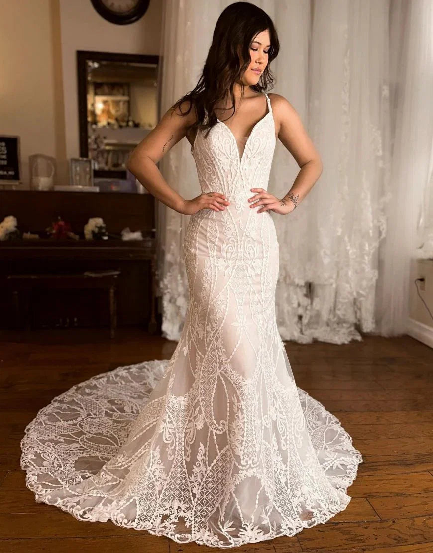 Mermaid V Neck Spaghetti Straps Sweep Train Lace Wedding Dress