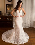 Mermaid V Neck Spaghetti Straps Sweep Train Lace Wedding Dress