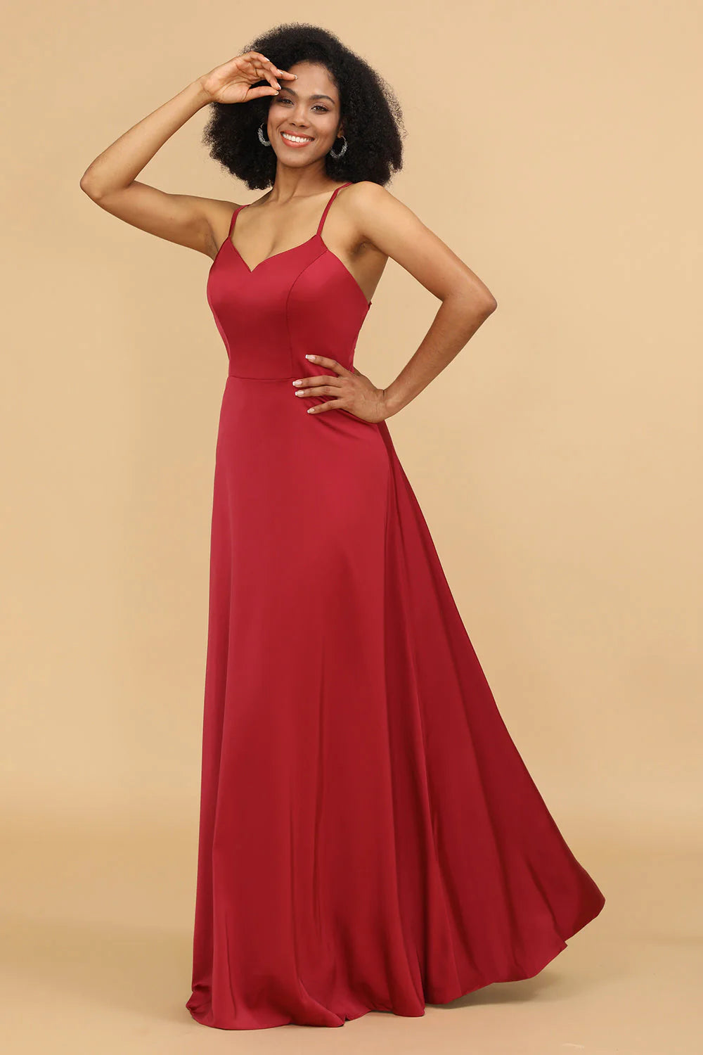 Red A Line Spaghetti Straps Floor Length Satin Bridesmaid Dress