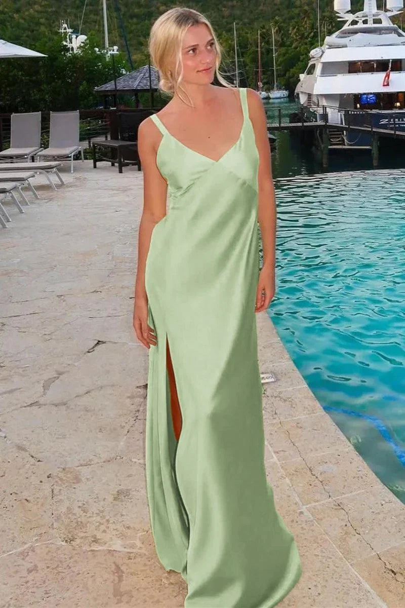 Sheath V Neck Tie Back Maxi Dress with Slit in Yellow