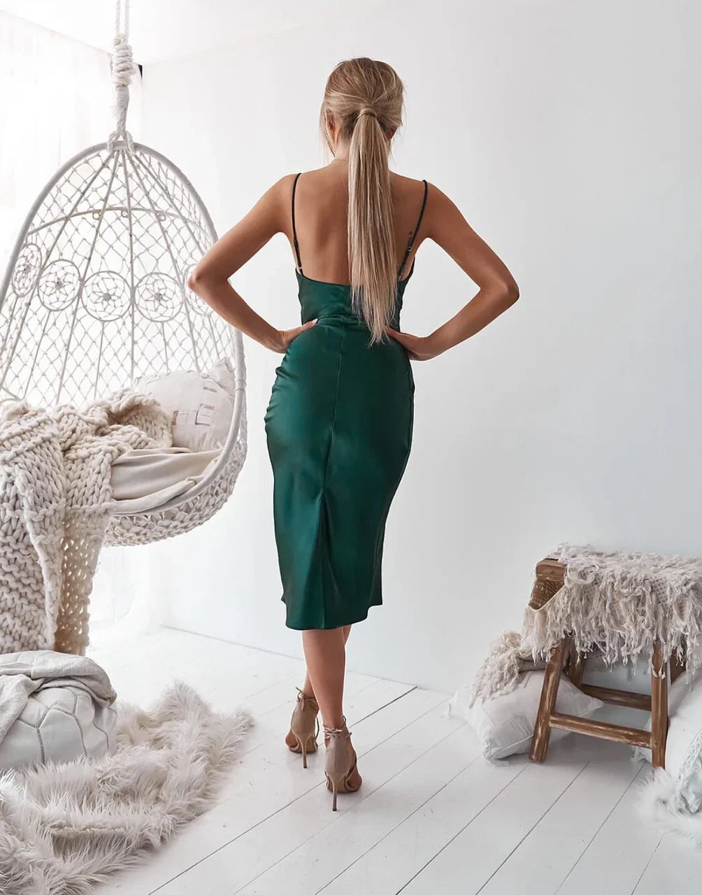 Aspen Midi Dress Emerald Green Satin Slip Dress