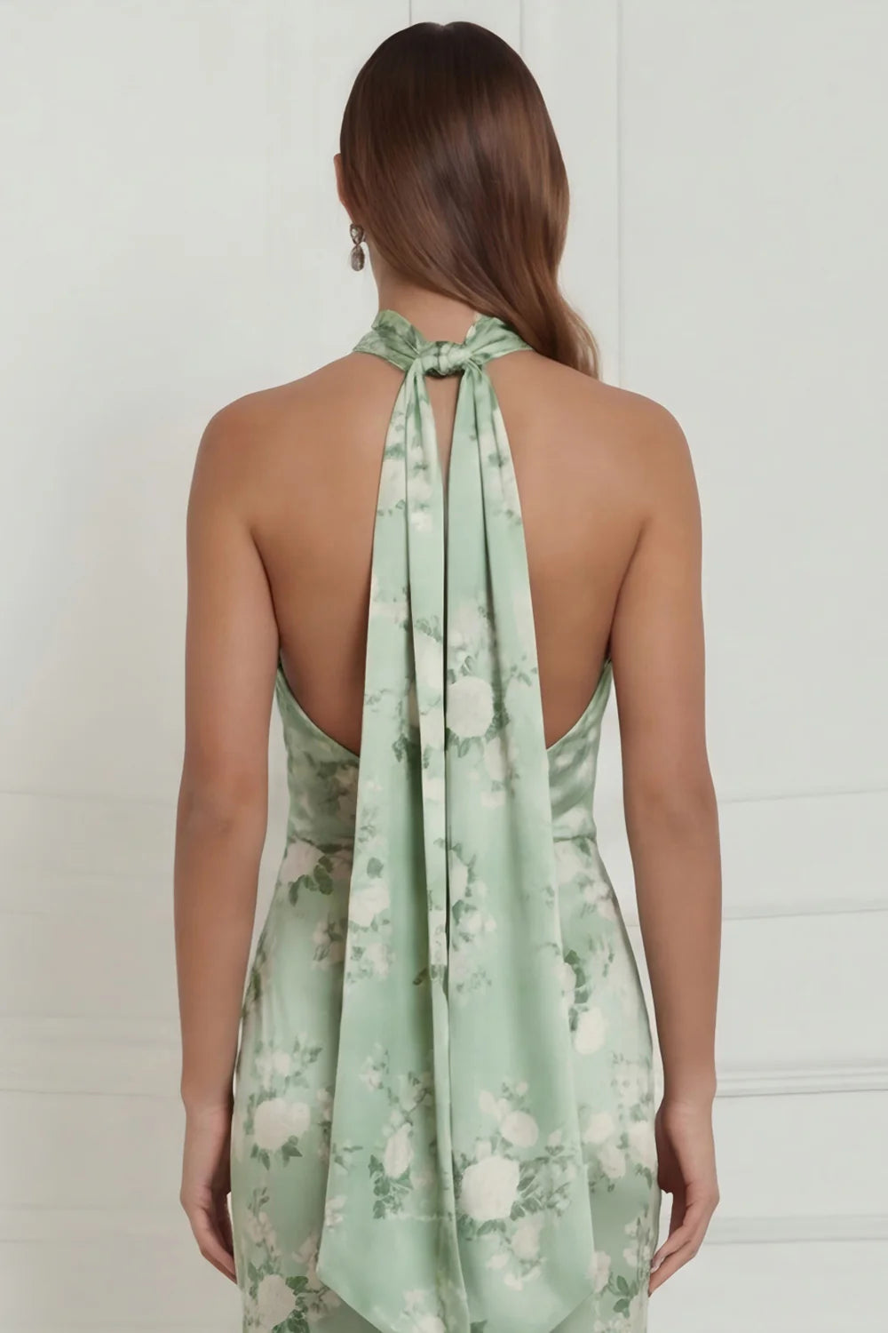 Halter Sage Green Floral Sheath Satin Long Bridesmaid Dress