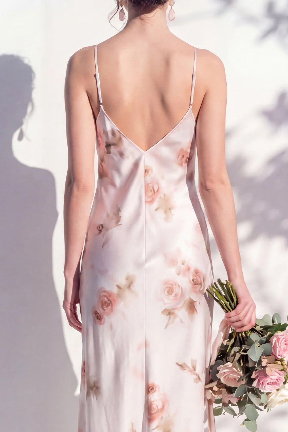 Ivory Red Flower Sheath Spaghetti Straps Long Bridesmaid Dress