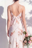 Ivory Red Flower Sheath Spaghetti Straps Long Bridesmaid Dress