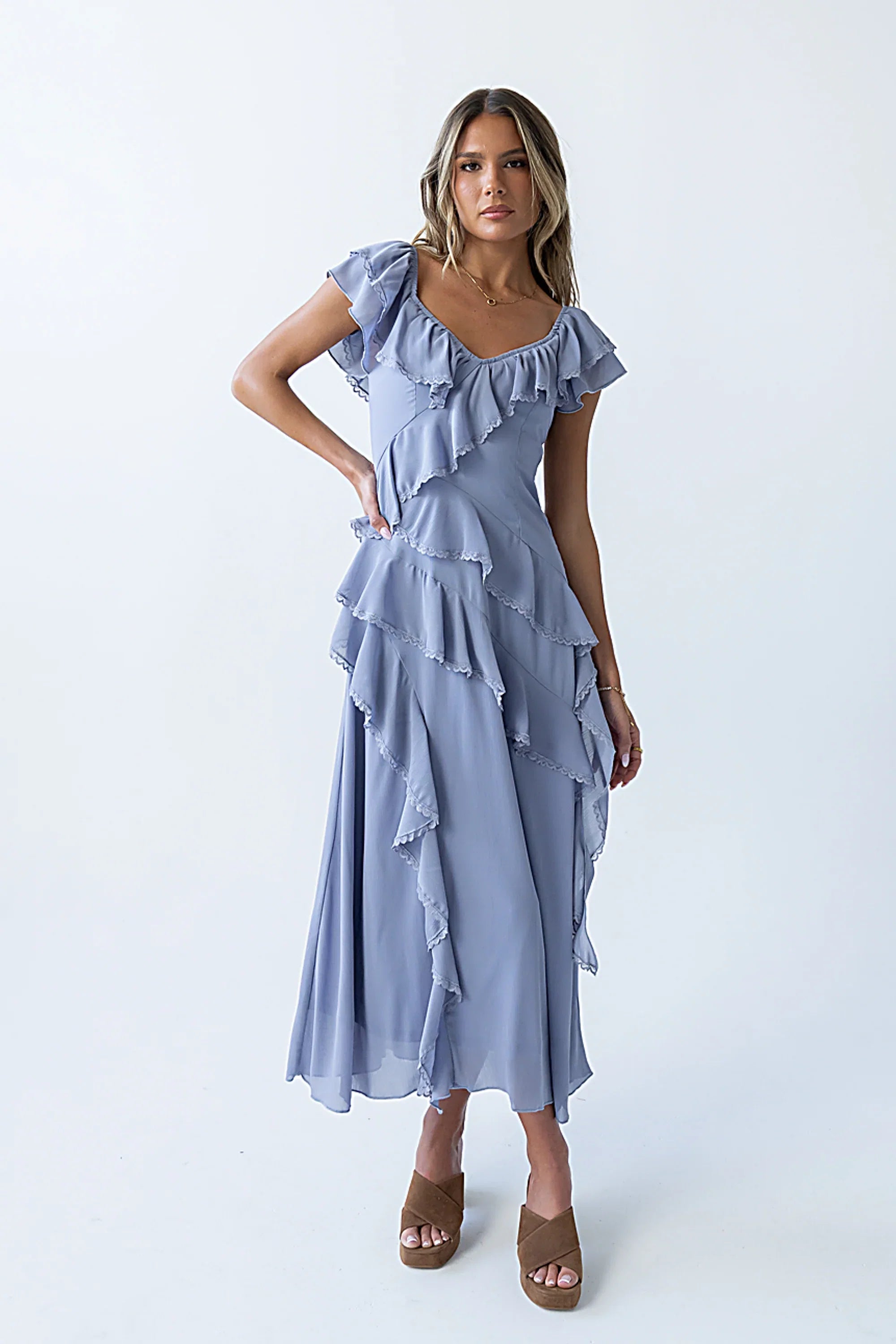 Quinton Ruffle Maxi Dress in Blue