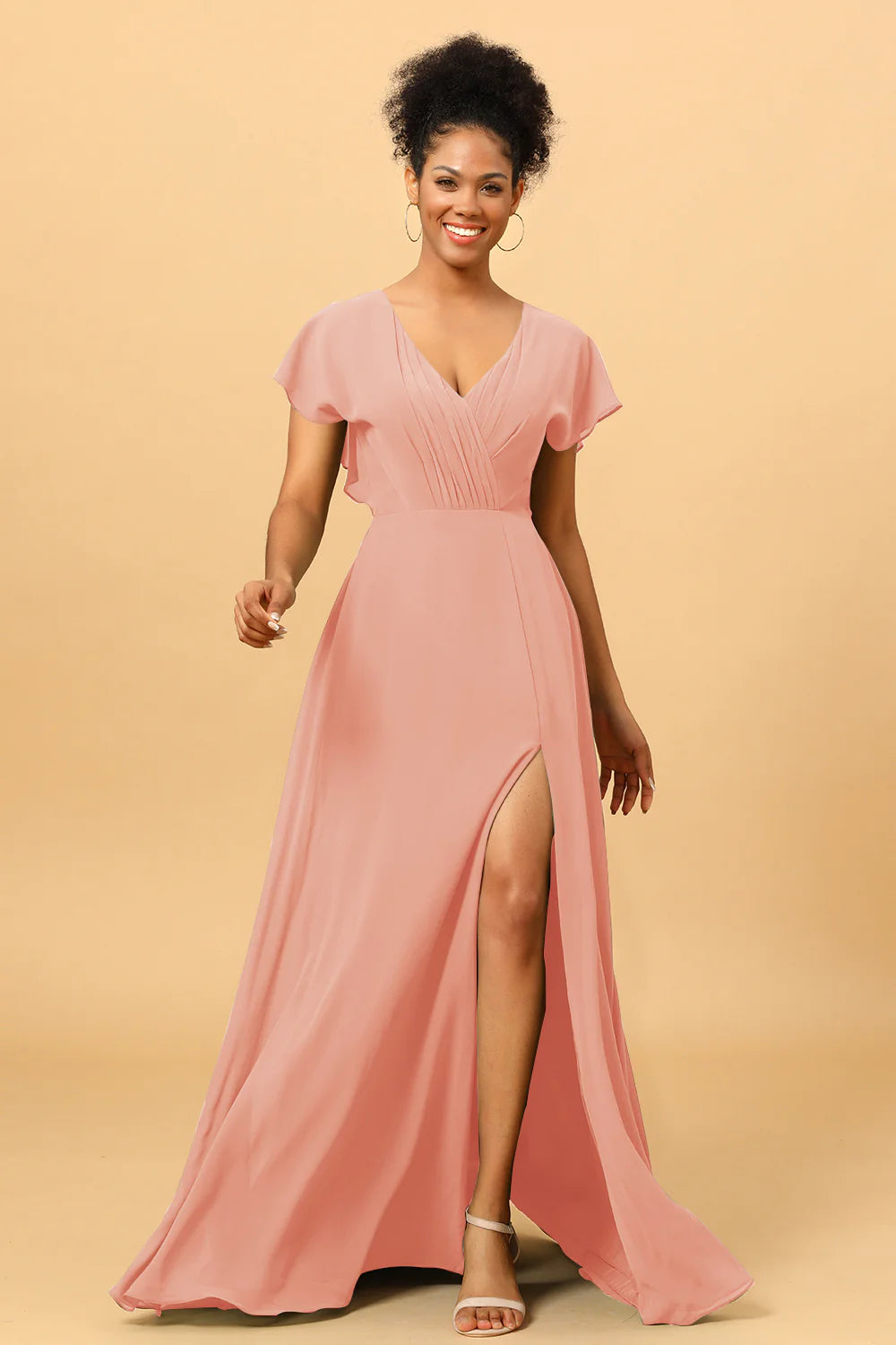 A Line V Neck Ruched Chiffon Bridesmaid Dress with Slit
