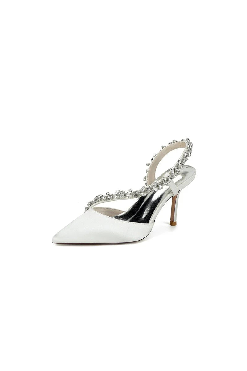 White Satin High Heels with Crystal Embellishments