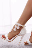 White Floral Lace High Heel Ankle Strap Wedding Sandals