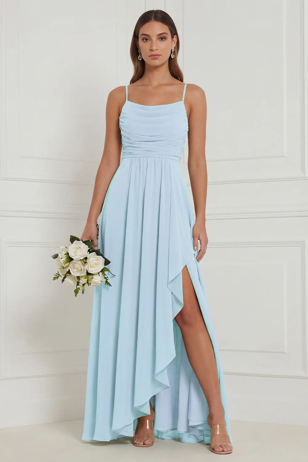 Sage Ruffle A Line Bridesmaid Dress with Slit