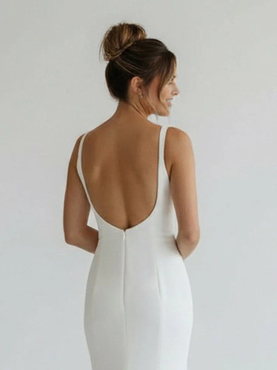Simple Mermaid Scoop Neck Backless Satin Wedding Dresses
