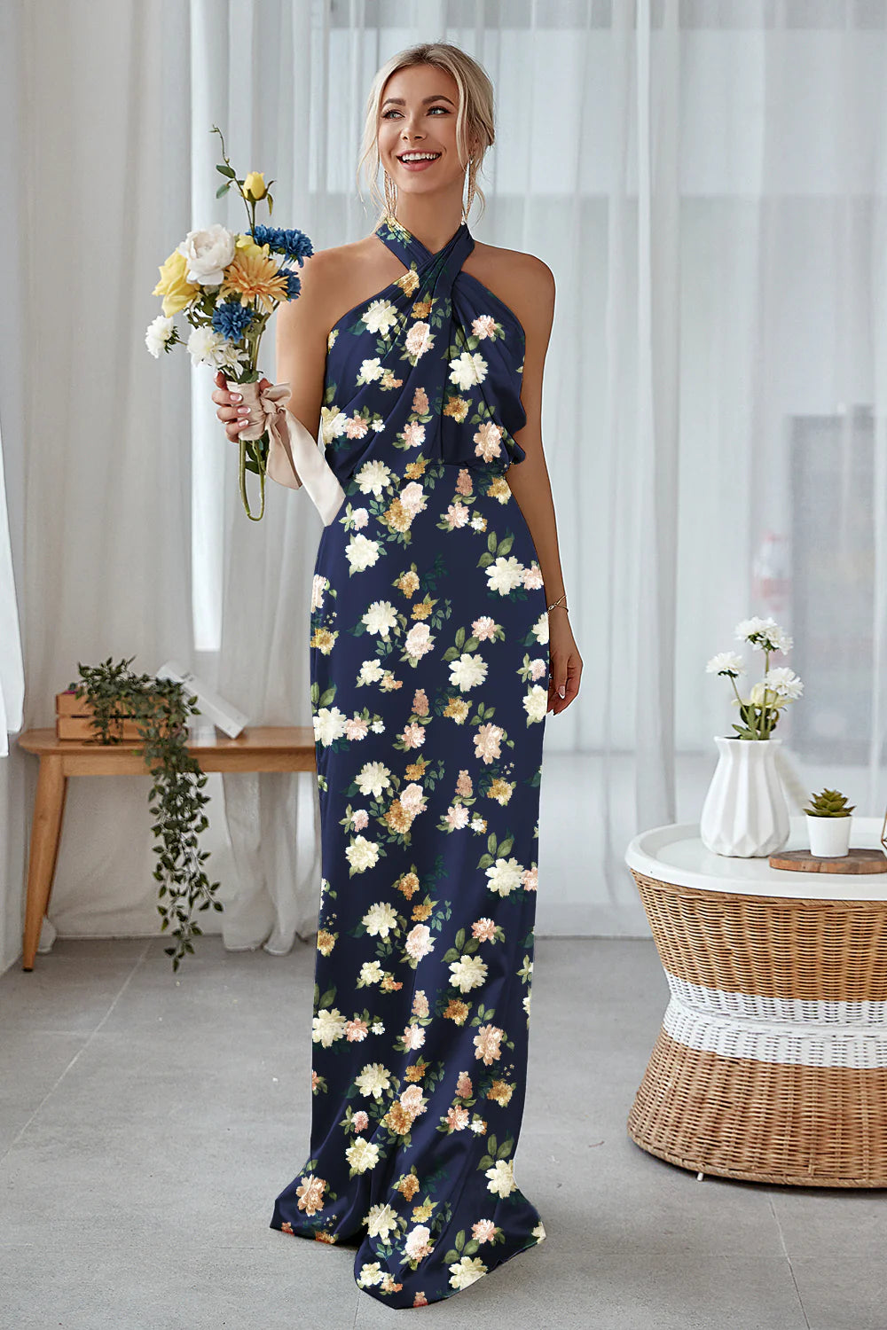 Sage White Flower Sheath Halter Ruched Satin Long Bridesmaid Dress