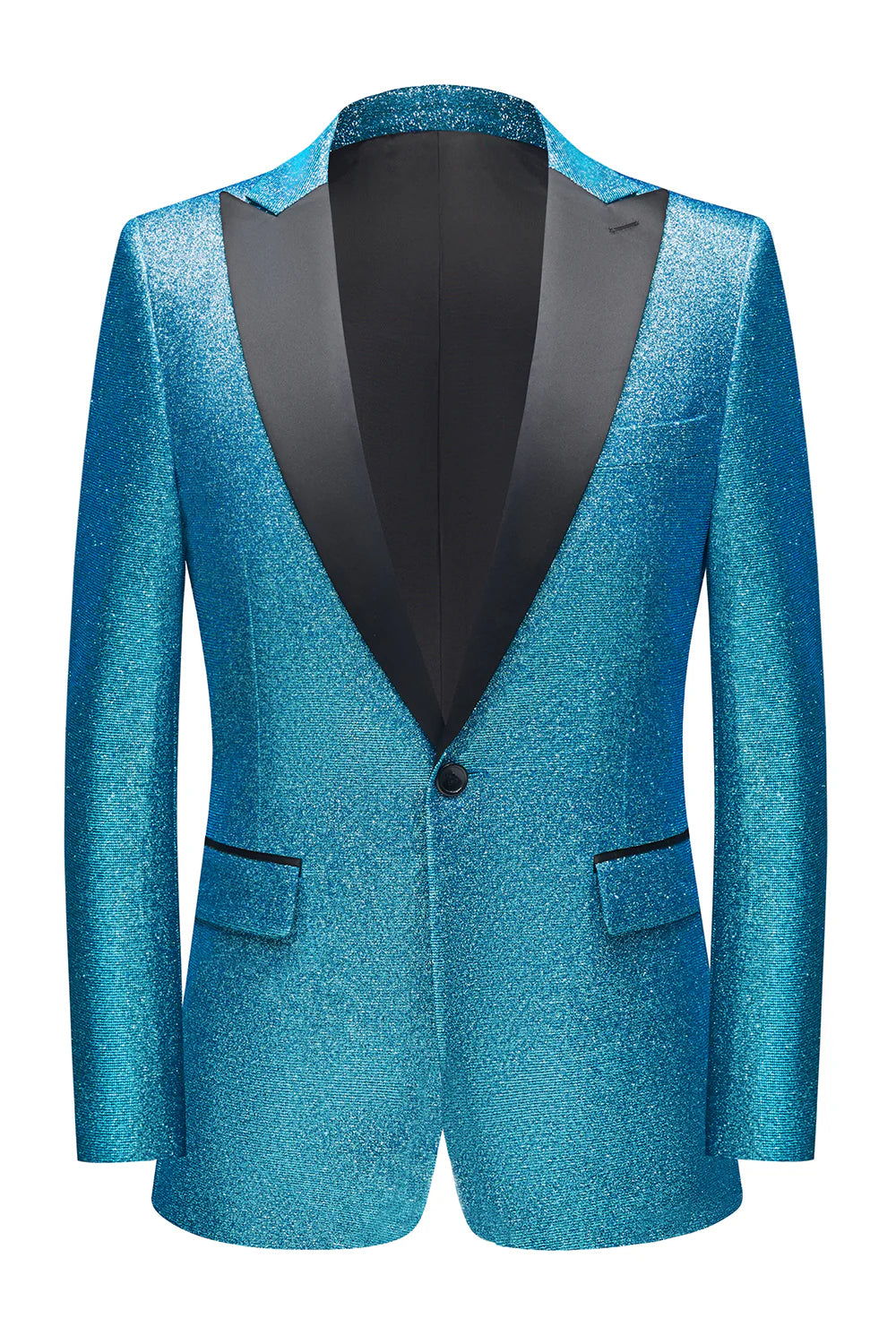 Mens Peacock Blue Sparkly Peak Lapel One Button 2 Piece Prom Suits
