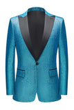 Mens Peacock Blue Sparkly Peak Lapel One Button 2 Piece Prom Suits