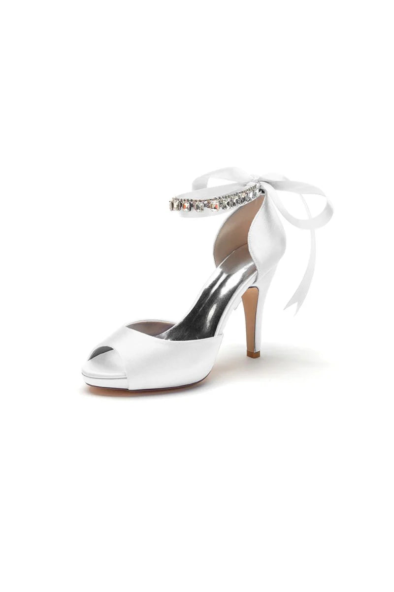 Peep Toe Stiletto Heels with Ankle Rhinestone Strap