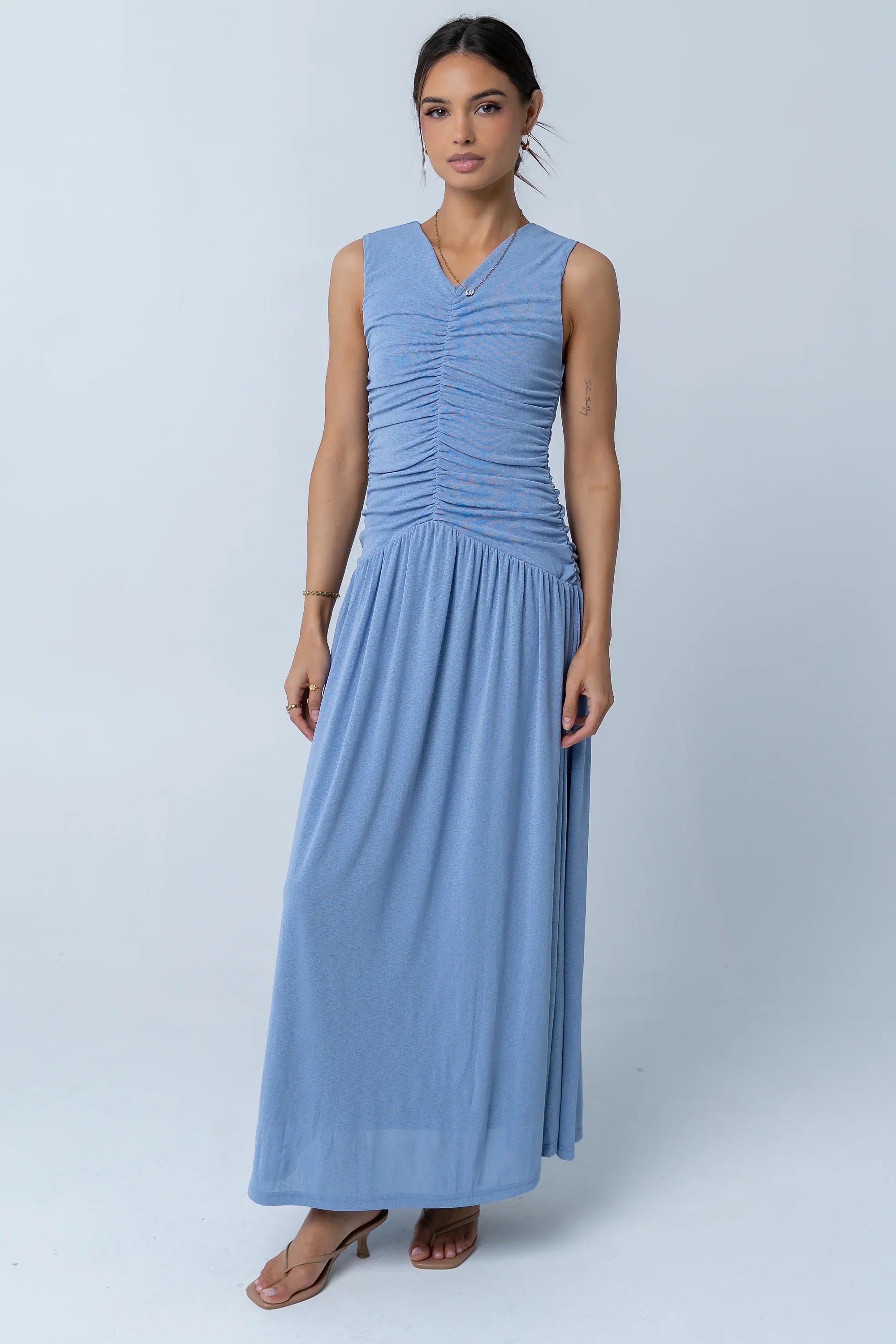 Kandi Ruched Maxi Dress in Blue