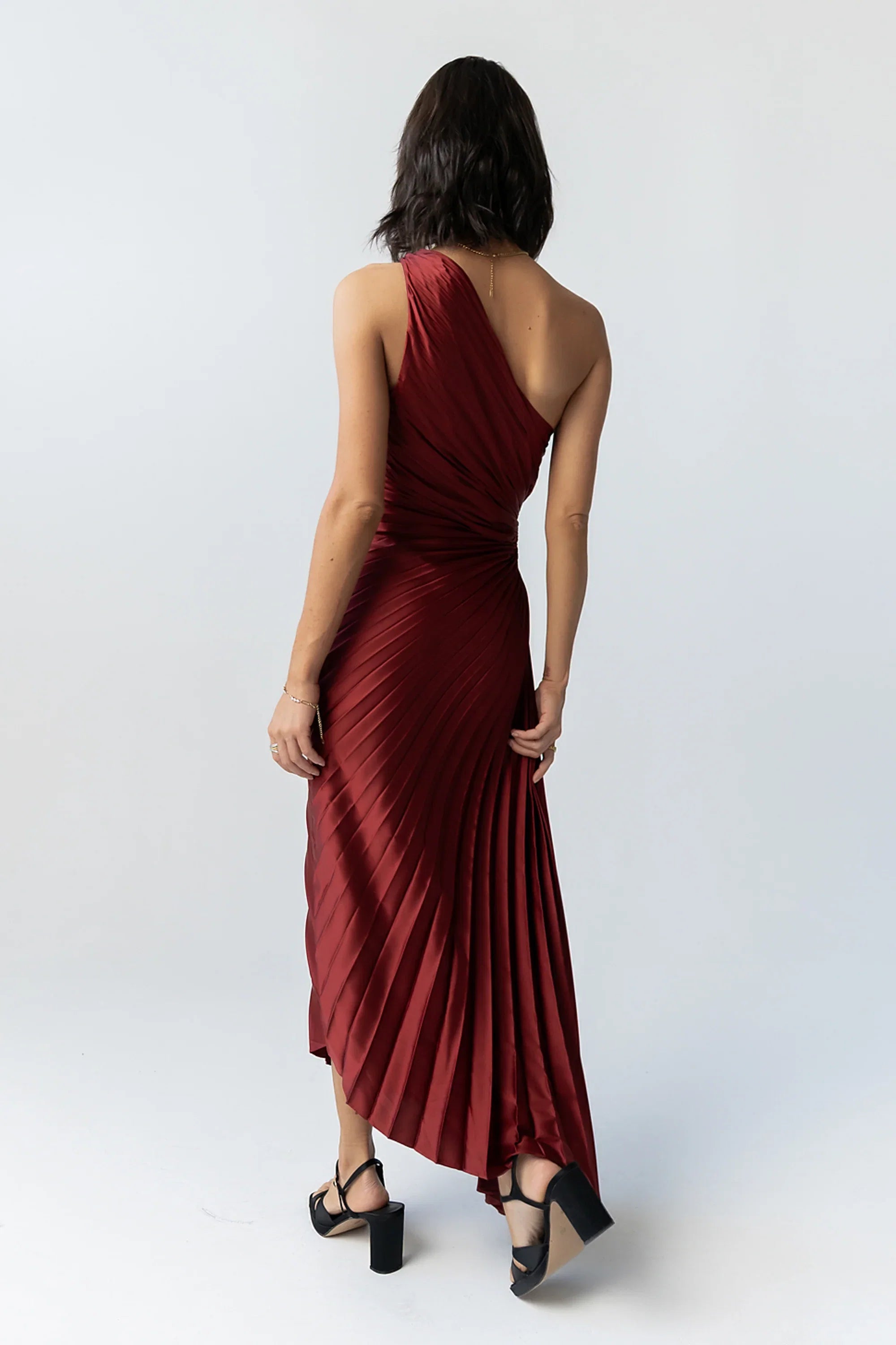 Asymmetrical Pleated Maxi Dress in Wine