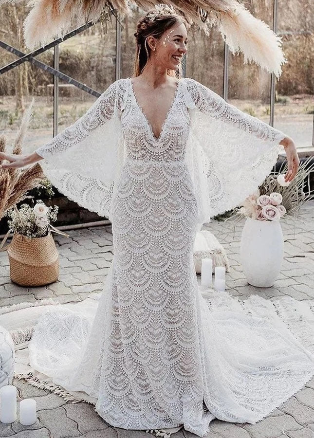 Unique Lace V Neck Mermaid Bohemian Flare Long Sleeve Beach Bridal Gowns