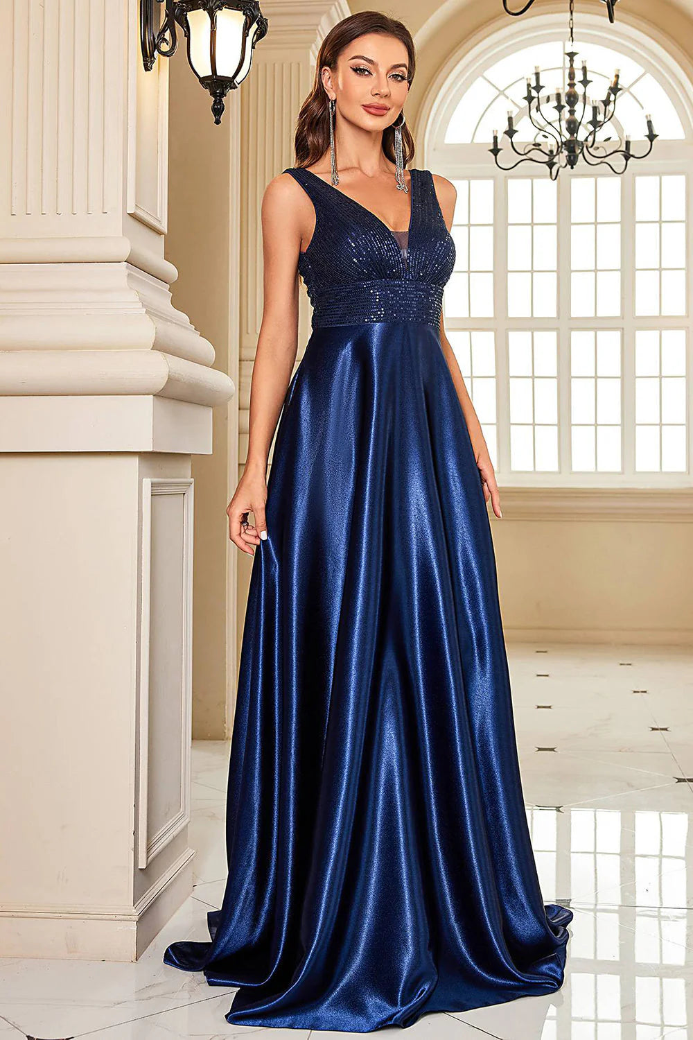 Sparkly Navy A Line V Neck Sequins Satin Formal Dress with Pockets