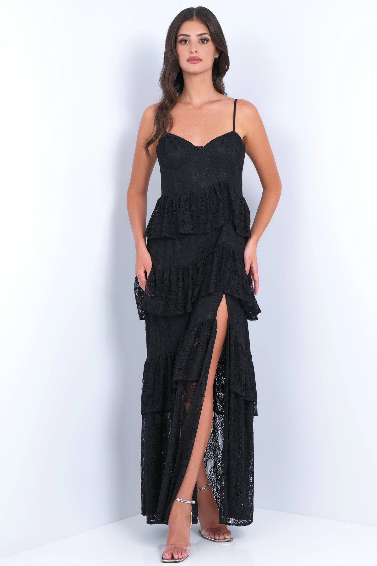 Vanna Lace Tiered Maxi Dress Black