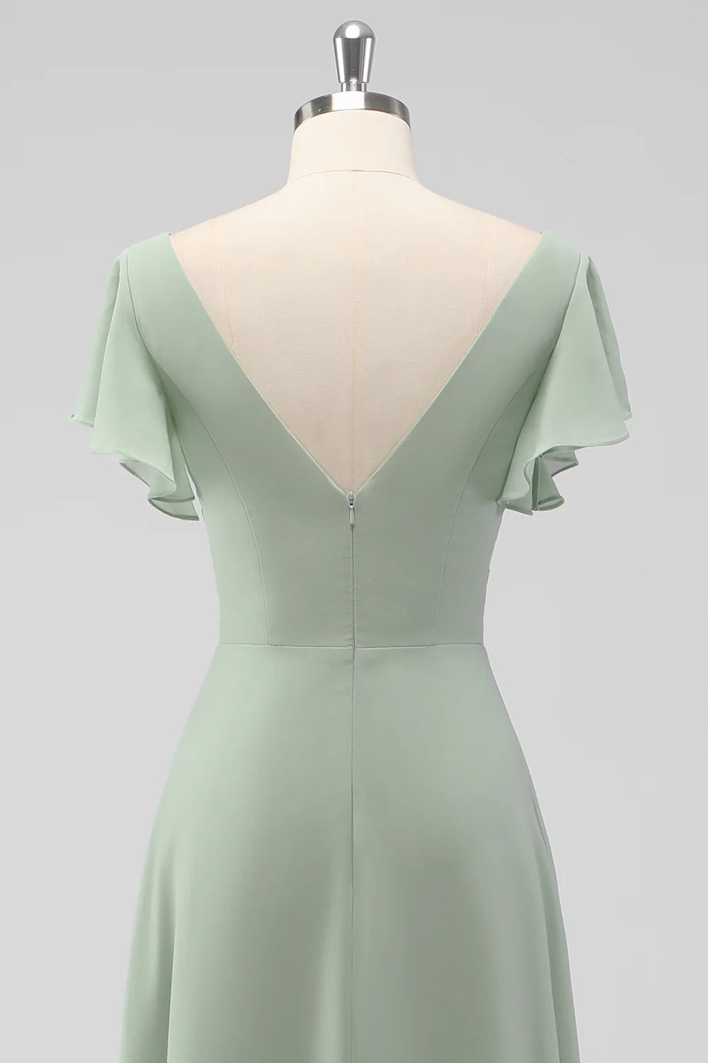 Sage Green A Line V Neck Chiffon Long Bridesmaid Dress with Slit