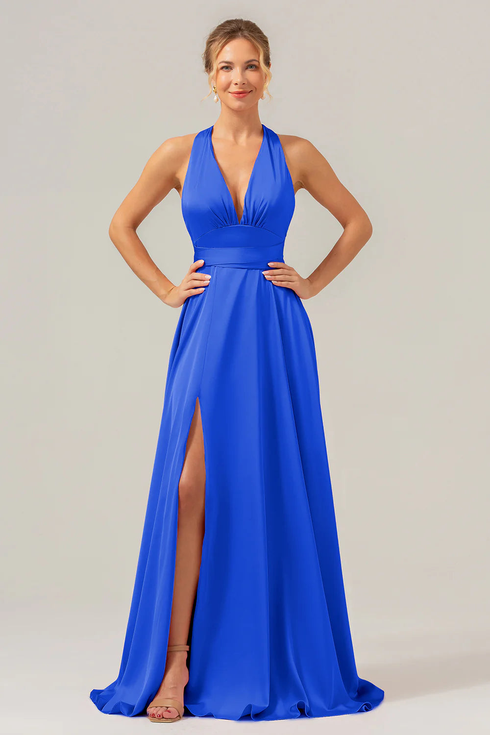 Pink A Line Deep V Neck Lace Up Back Long Satin Bridesmaid Dress with Slit