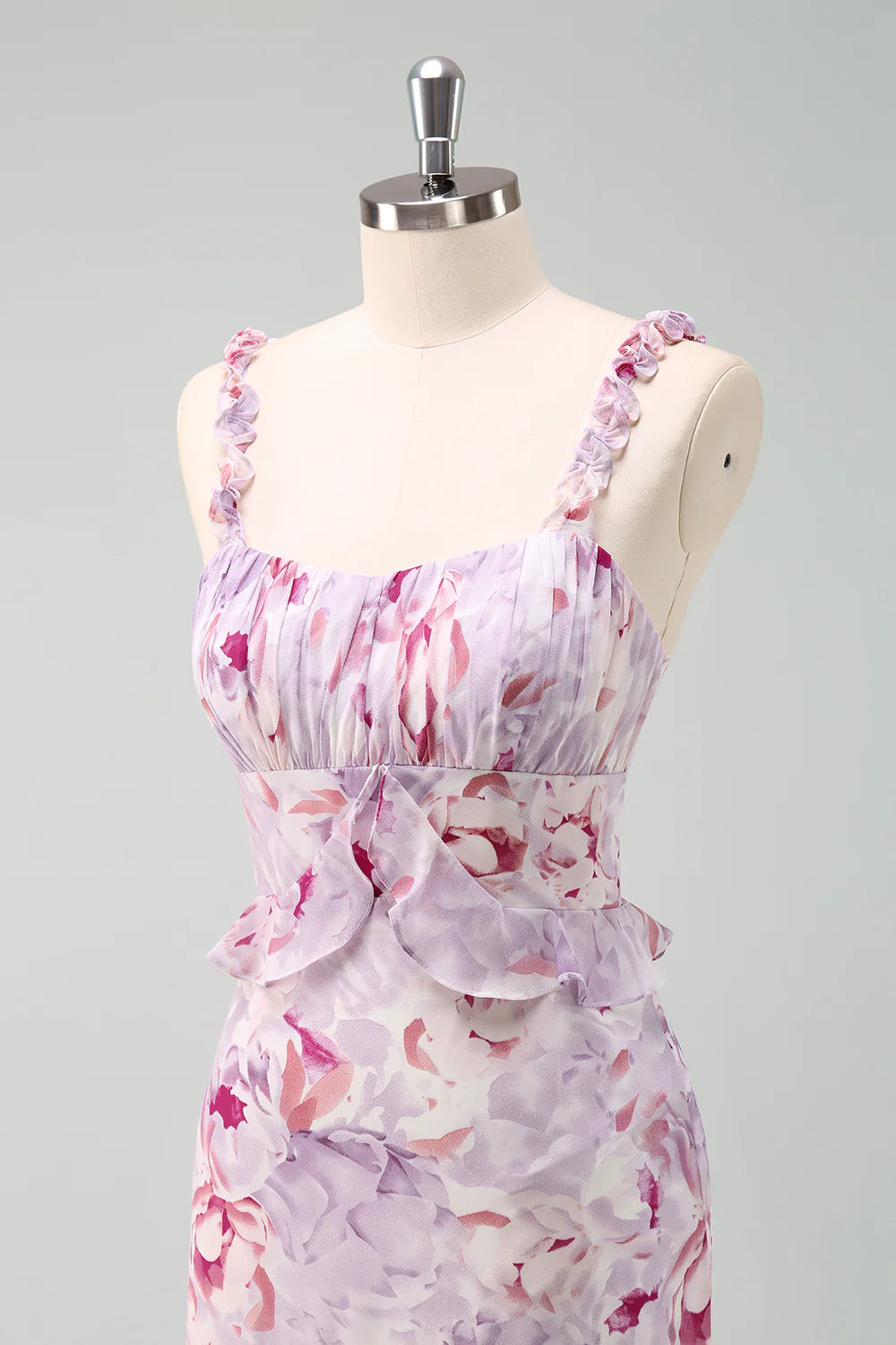 Grey Purple Sheath Ruched Print Floral Long Bridesmaid Dress with Ruffle