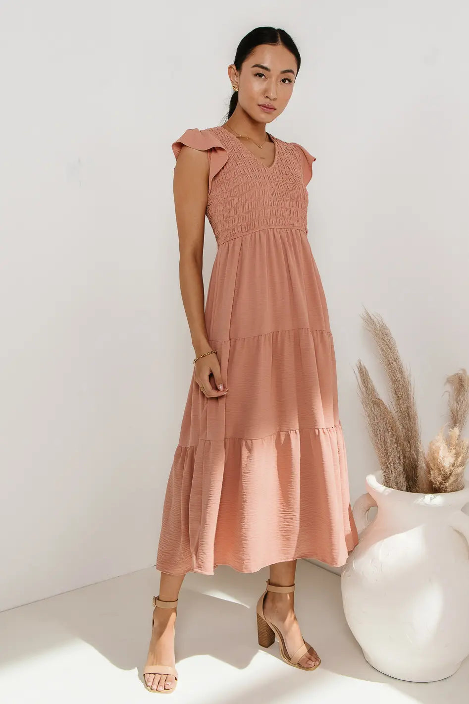 Rain Smocked Midi Dress in Peach FINAL SALE