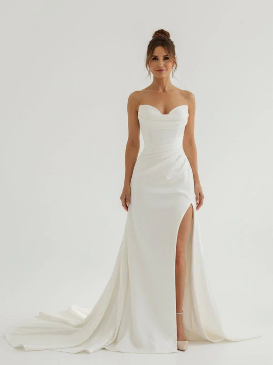 Mermaid Strapless Satin Long Wedding Dress With Slit