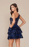 CHRISTIE MINI DRESS NAVY BLUE ONE SHOULDER TIERED SHORT DRESS