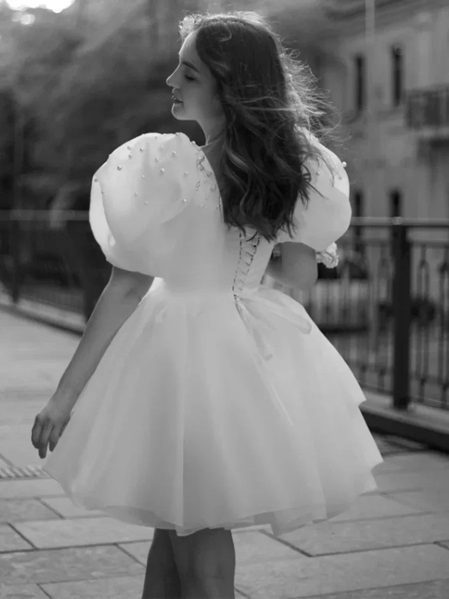 A Line Square Neck Short Wedding Dress With Puffy Pearls Sleeves