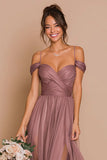 Cold Shoulder A Line Desert Rose Ruched Chiffon Bridesmaid Dress with Slit