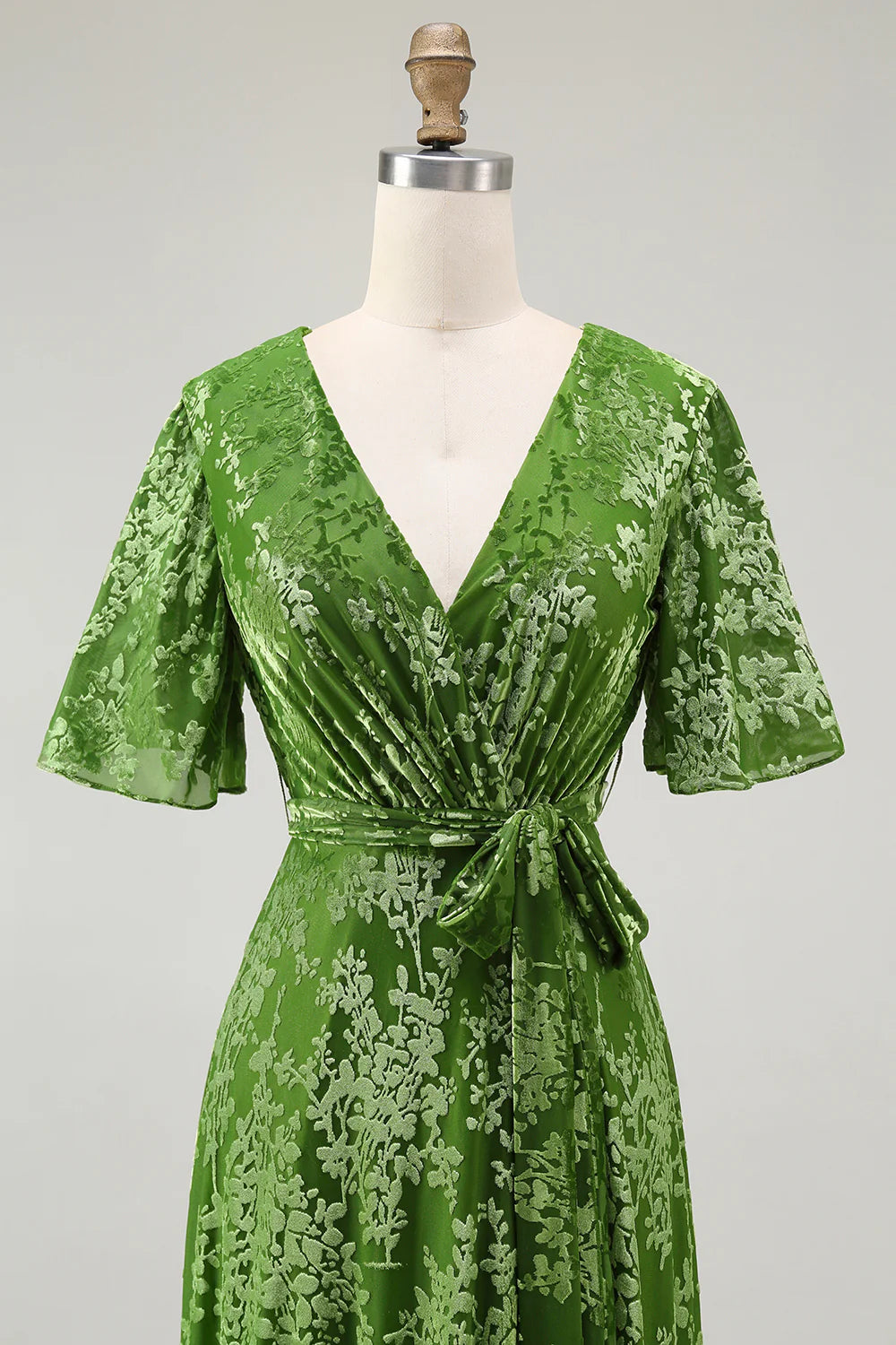 A Line V Neck Dark Green Burnout Velvet Floor Length Dress with Short Sleeves
