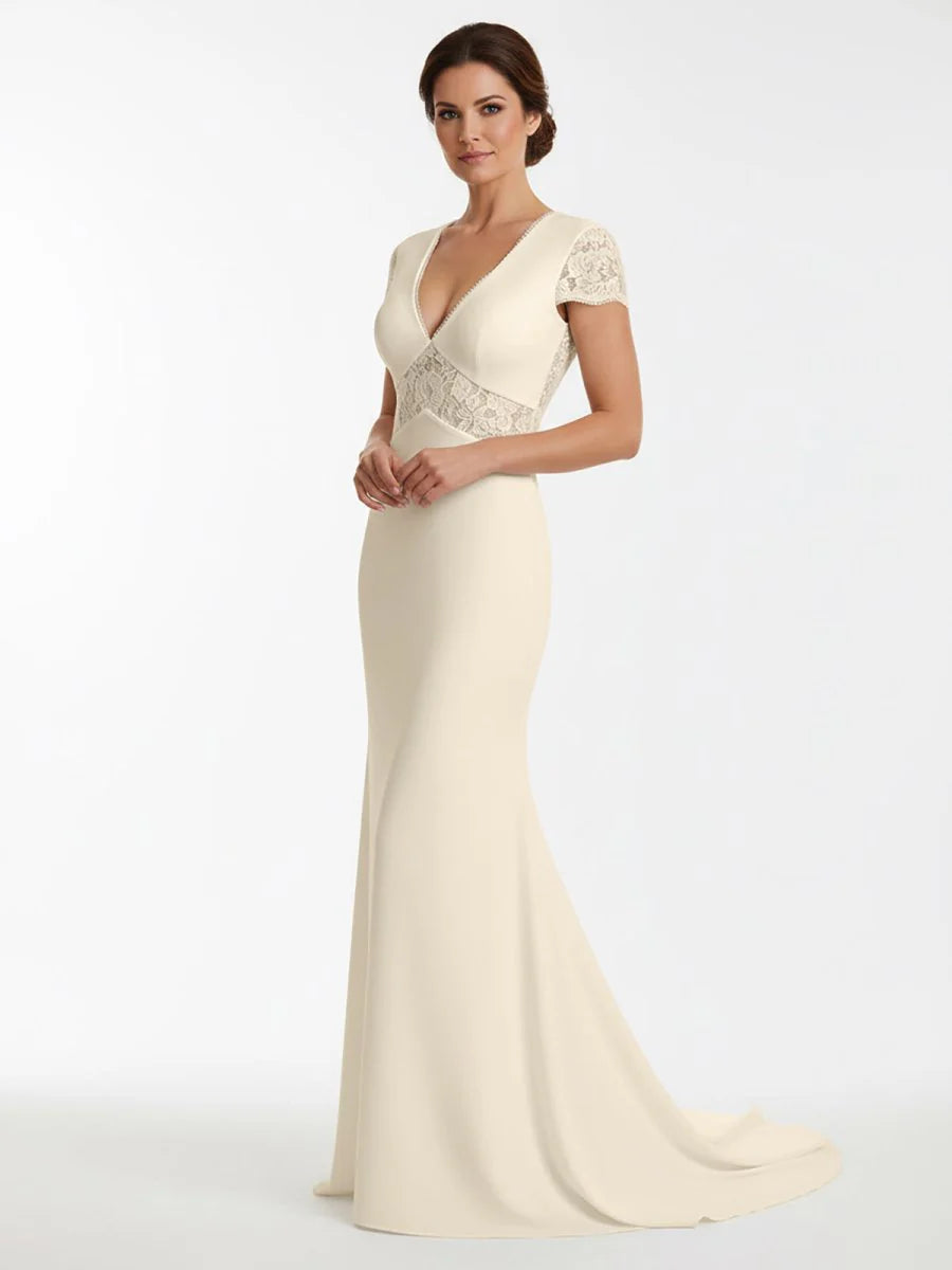 Modest Simple Sheath Short Sleeve Empire Floor Length Sweep Train Chiffon V neck Wedding Dress