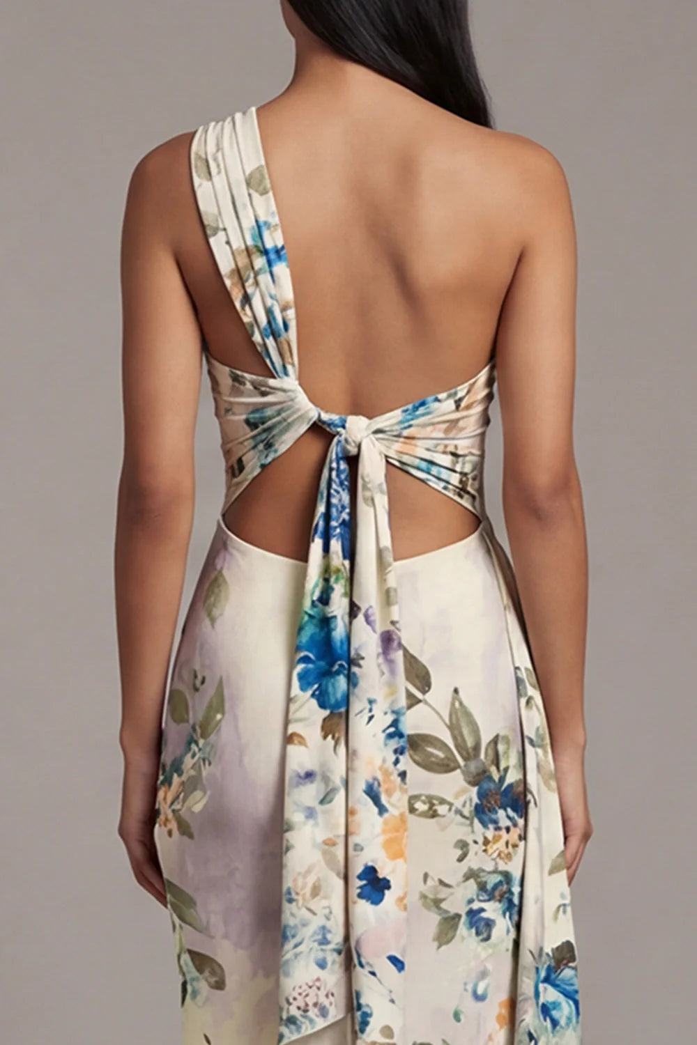 One Shoulder Cut Out Printed Ivory Maxi Formal Dress