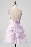 Lavender Flower A Line Spaghetti Straps Tiered Pleated Short Homecoming Dress