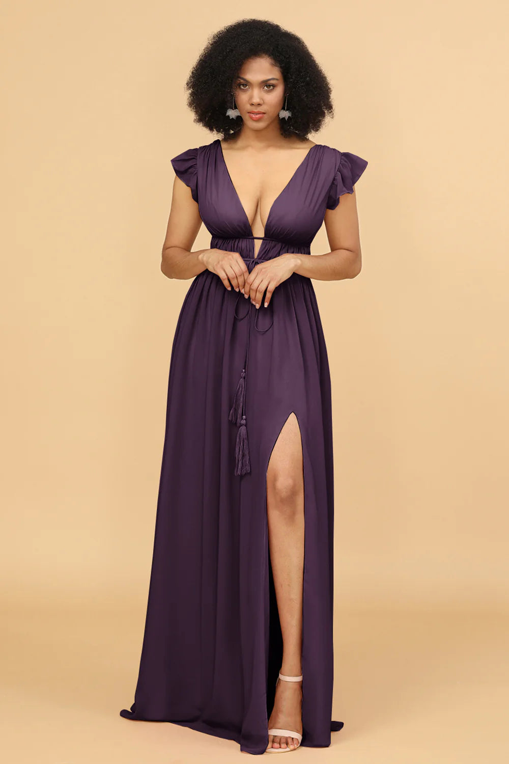 A Line Deep V Neck Long Chiffon Bridesmaid Dress with Slit