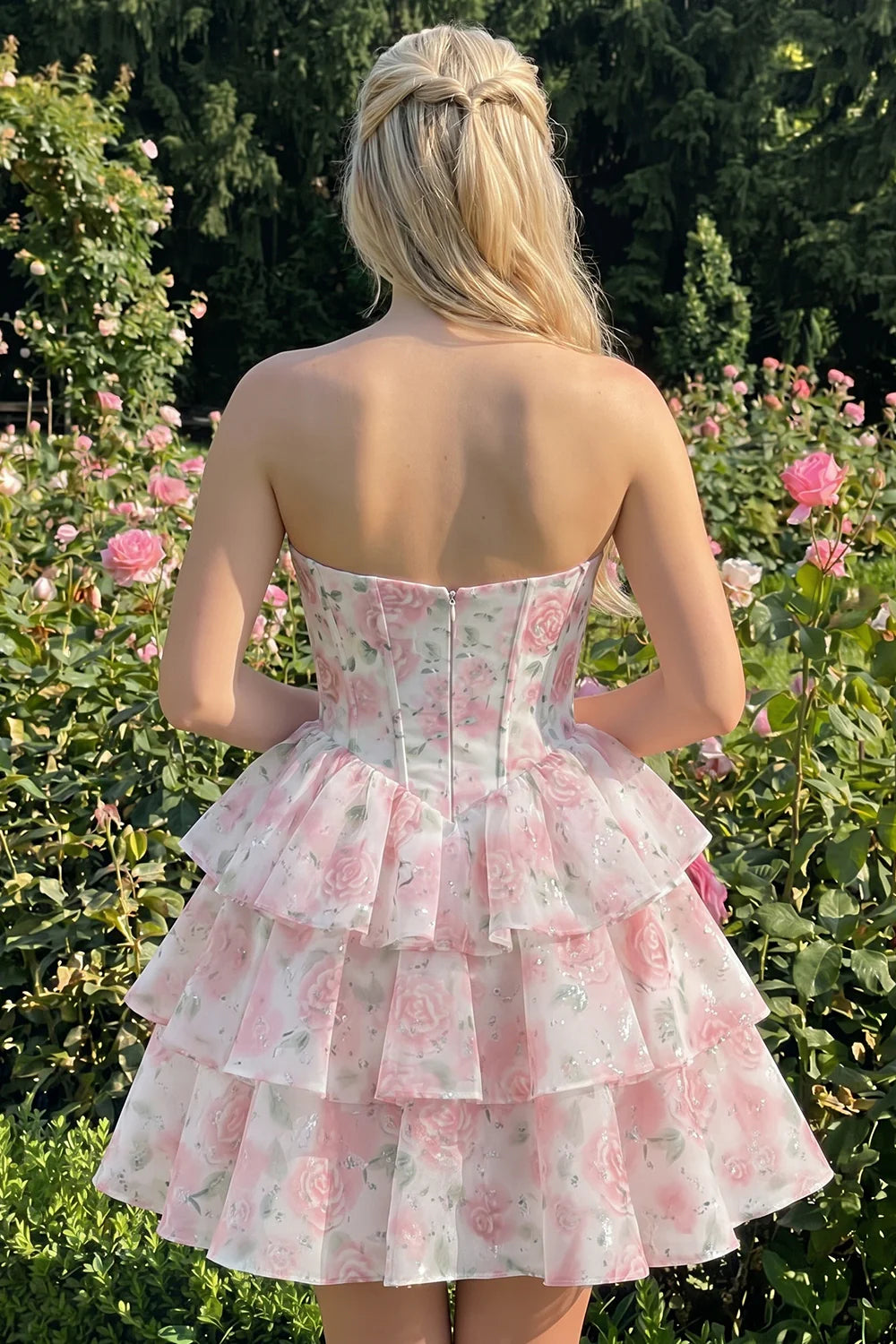 Strapless Floral A Line Sequin Corset Pink Homecoming Dress