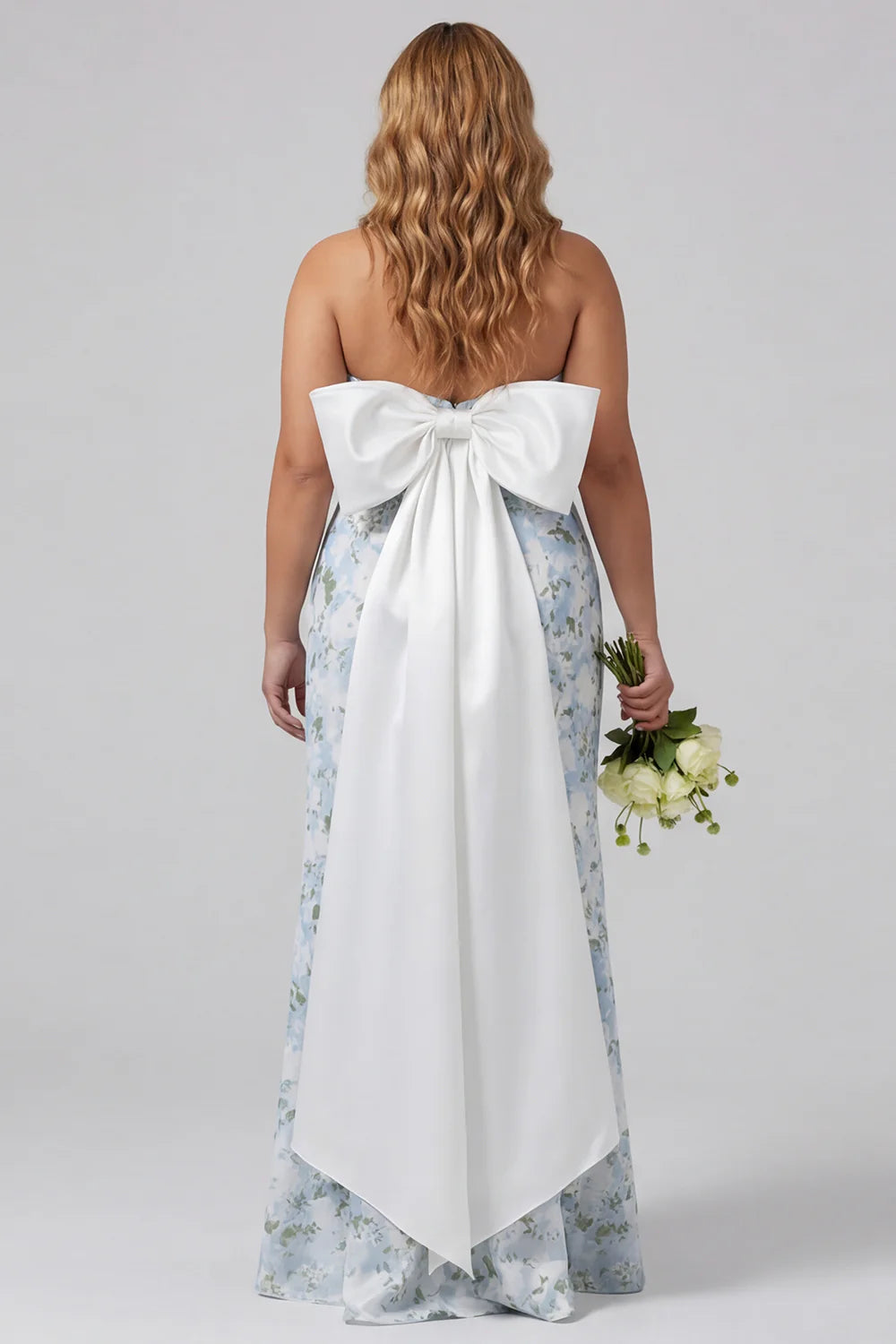Sheath Strapless Blue White Flower Satin Long Bridesmaid Dress with Back Bow