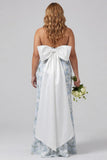 Sheath Strapless Blue White Flower Satin Long Bridesmaid Dress with Back Bow