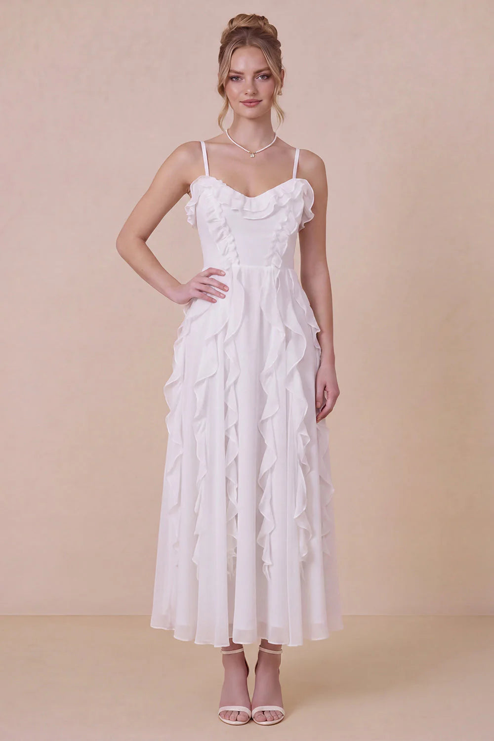 White Ruffled Spaghetti Straps A Line Midi Dress with Lace up Back
