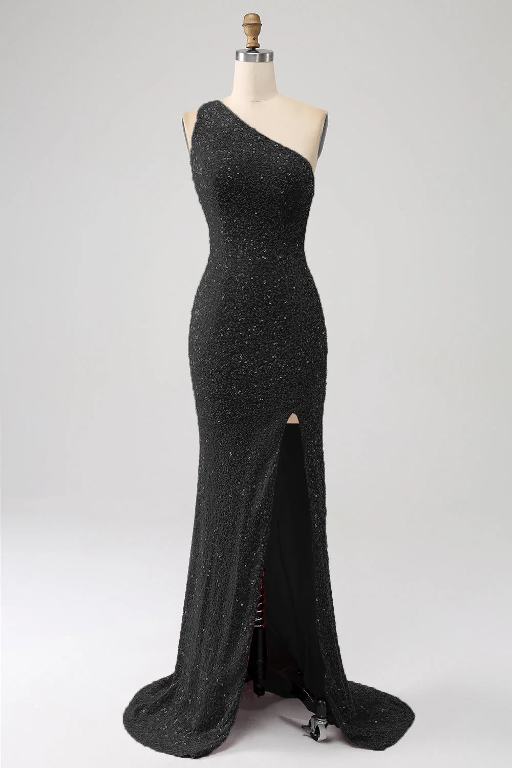 Fuchsia Mermaid One Shoulder Sparkly Sequins Prom Dress with Slit