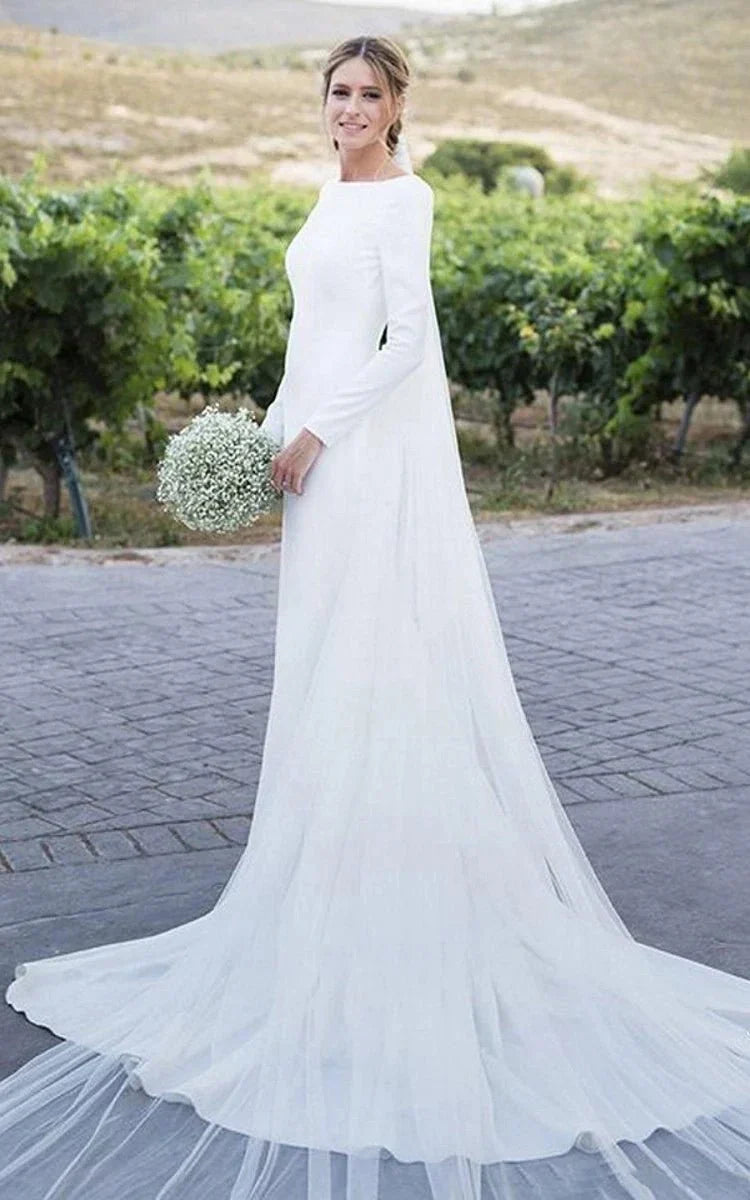 Simple Chiffon Sheath Bateau neck Deep V Back Bridal Gown with Chapel Train
