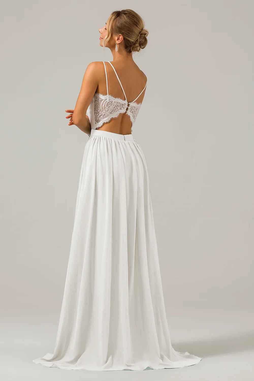 A Line Spaghetti Straps Pleated Long Bridesmaid Dress With Lace