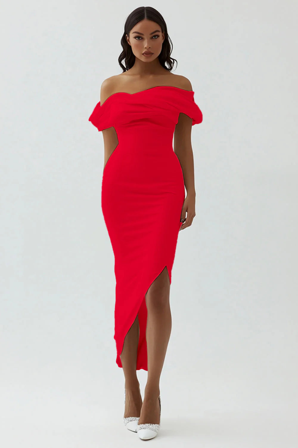 White Off the Shoulder Sheath Matte Satin Graduation Dress With Slit