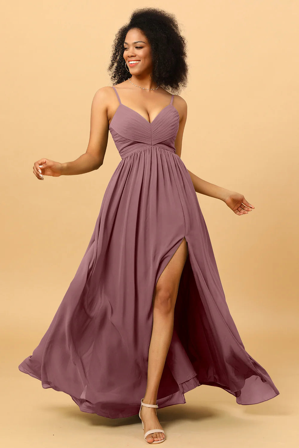 A Line Spaghetti Straps Ruched Long Chiffon Bridesmaid Dress with Slit