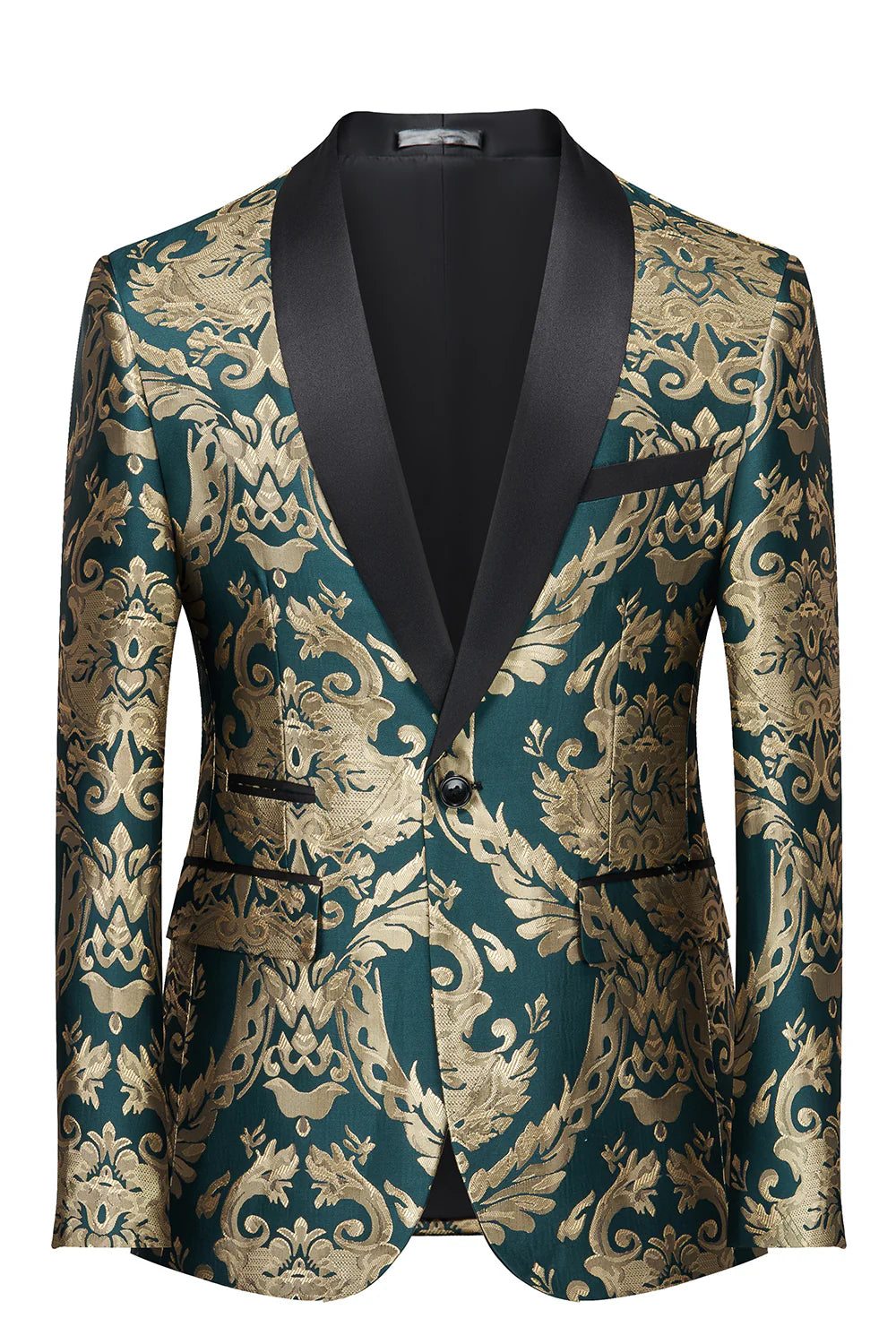 Mens Dark Green Shawl Lapel One Button Jacquard Prom Blazer