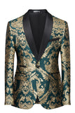 Mens Dark Green Shawl Lapel One Button Jacquard Prom Blazer